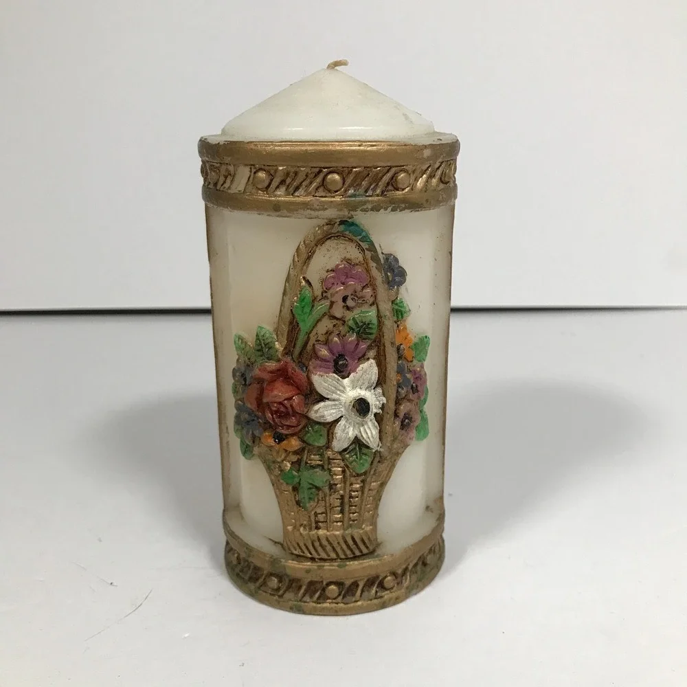 Vintage Floral Basket Relief Pillar Candle Gold Trim Decorative White Wax